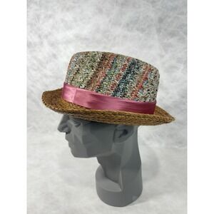 Carlos Santana Straw Fedora‎ Hat Size Medium Raffia Woven Crown Pink Band